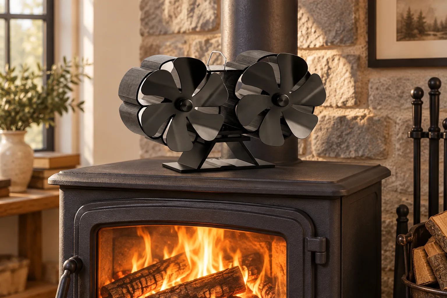 Twin-motor, twin-head stove fan centered on a warm wood-burning stove