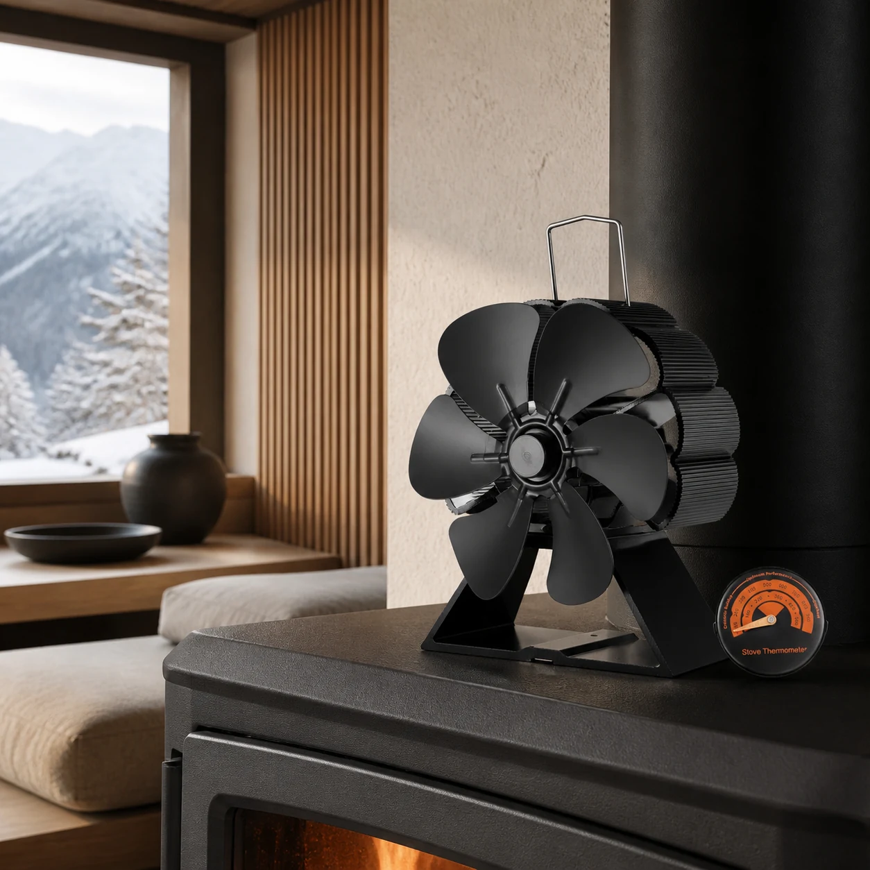 Silent Mini Six-Blade Stove Fan with Thermometer view 1